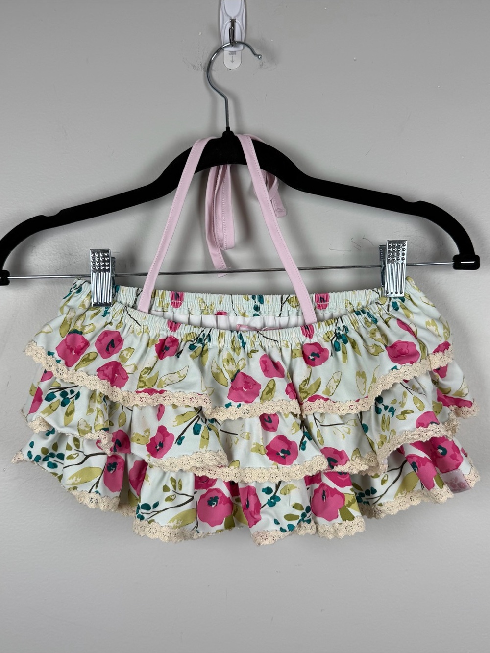 New Sweet Honey Blue Pink Floral Ruffle Halter Swim Bikini Top Size 10 Years